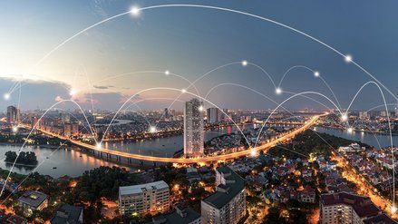 Simulated network between buildings in a big city