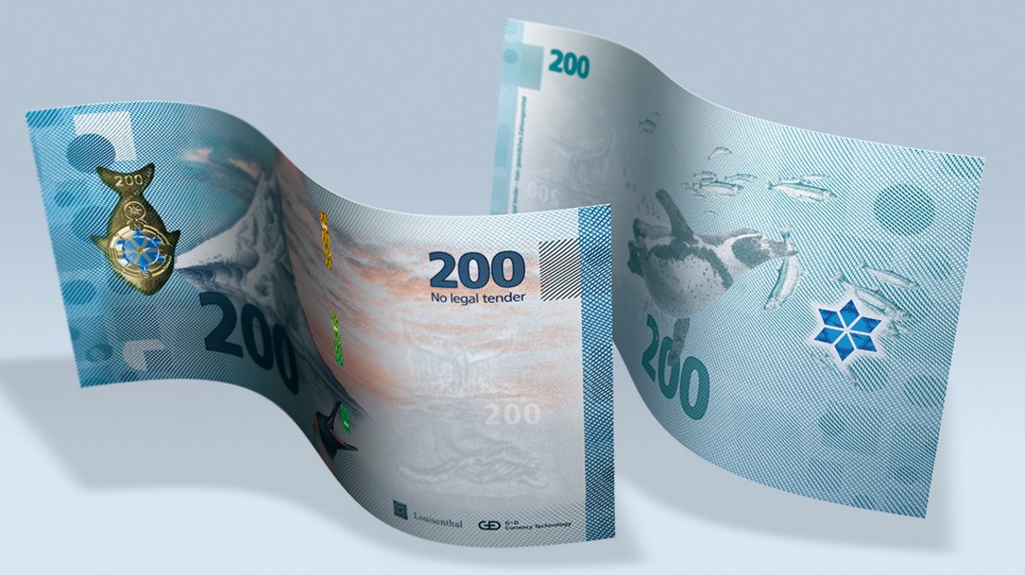 Front and back of a sample note with iceberg motif, a whale as watermark and a ColourChange patch