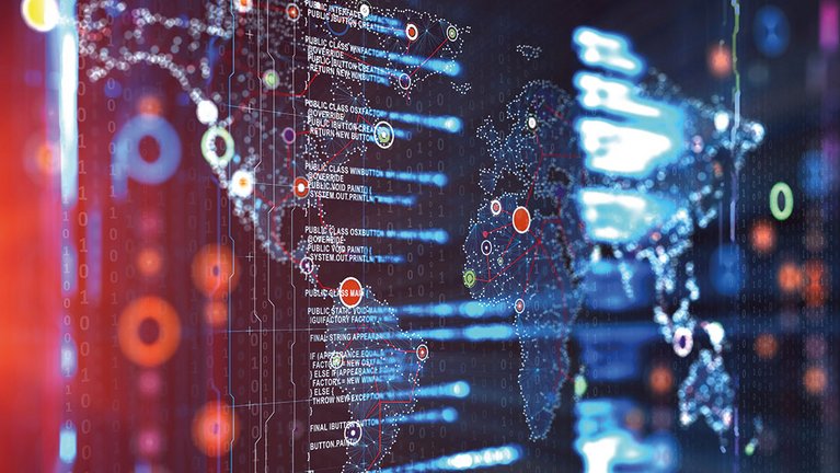Illustration of a world map with many bright dots and notes