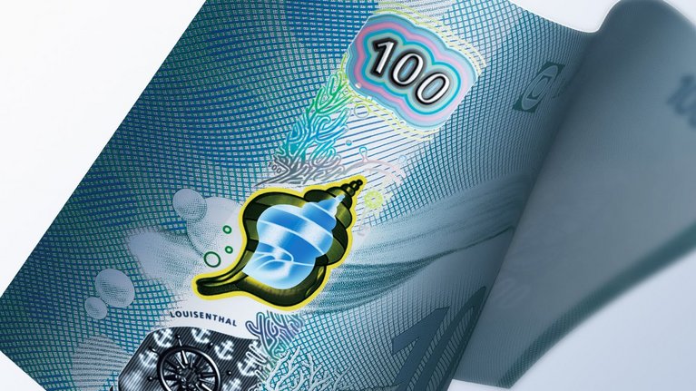 Close-up of a varifeye® ColourChange security window in the shape of a colorful shimmering shell