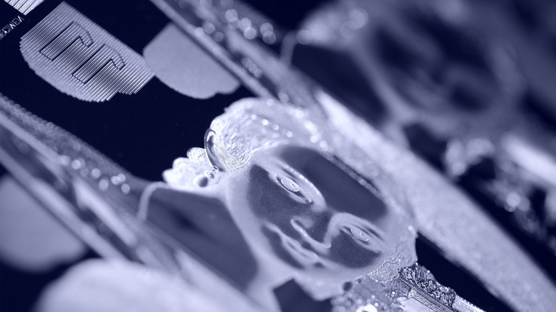 Close up of printing plate for banknotes with portrait of woman's head