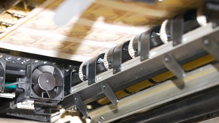 View inside a machine for the production of banknotes