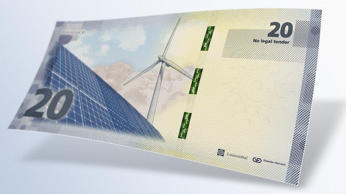 Sample banknote with security thread in cubed look