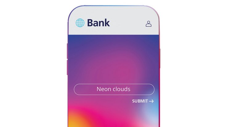 Bank app with neon cloud background.