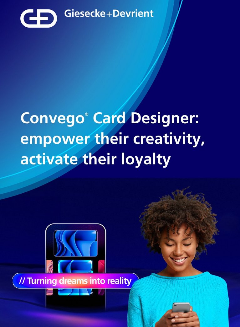 Cover of G+D Convego Card Designer with a 3D image of a family looking at a payment card