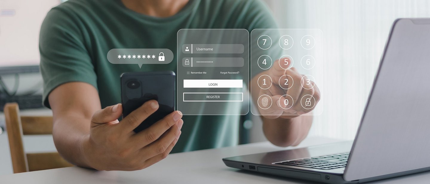 People use smartphones and laptops to log in via digital login forms and security queries.