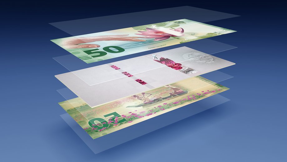 Stack of artistic 50 value notes with floral themes