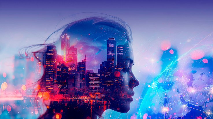 Silhouette of a woman overlaid with a bright city skyline and a glowing globe, symbolizing human connection and futuristic technology.