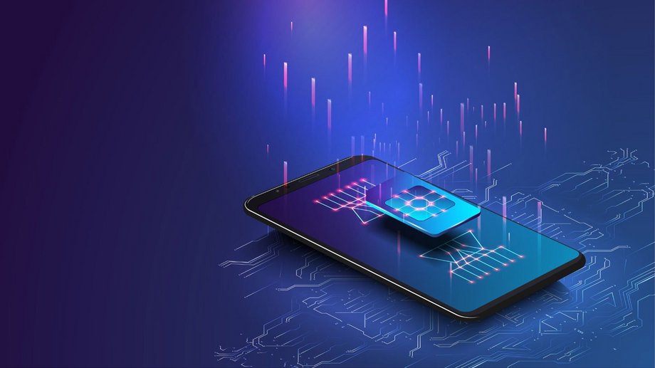 Smartphone with futuristic technology graphics.