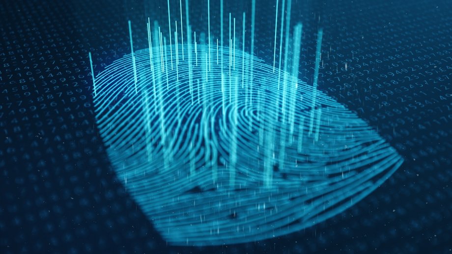 A blue fingerprint is being scanned by a digital grid with blue lines