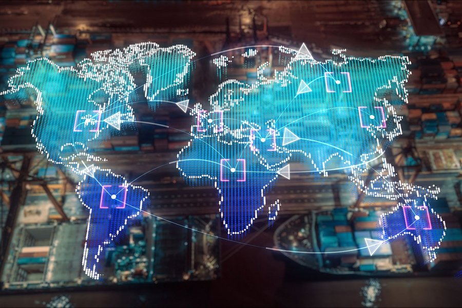 A digital world map with lines, arrows, and markers representing global connectivity and logistics.