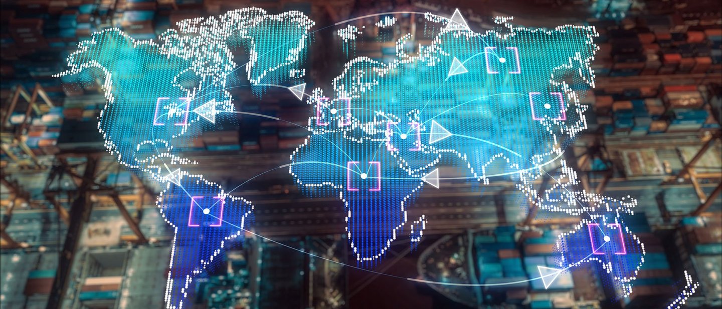 A digital world map with lines, arrows, and markers representing global connectivity and logistics.