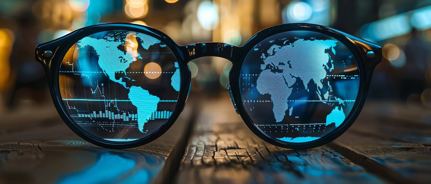 Close-up of eyeglasses reflecting a digital world map and data charts
