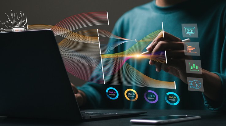 a digital visualization of a person handling a smart device with touchscreen