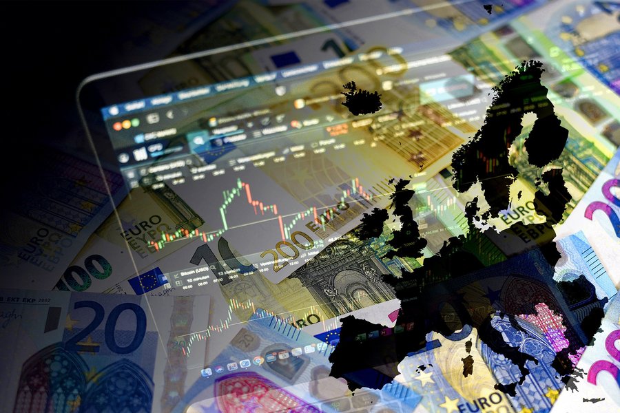 A collage featuring euro banknotes, a stock market chart, and a map of Europe