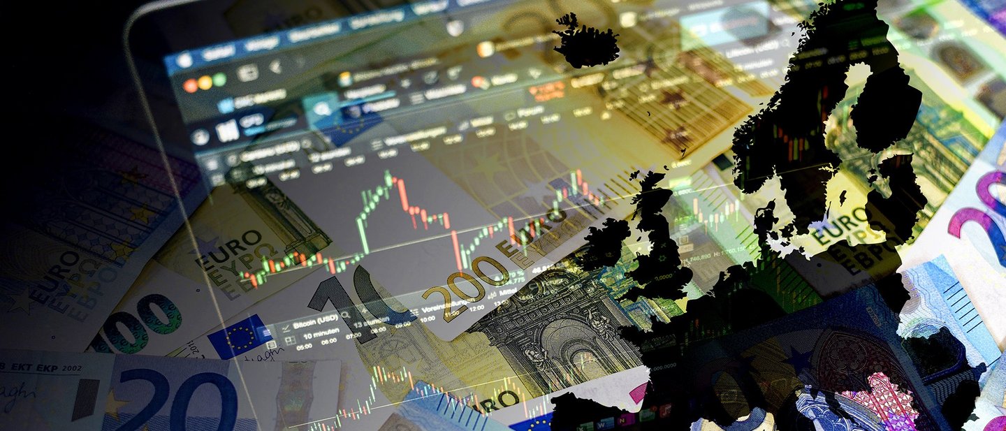 A collage featuring euro banknotes, a stock market chart, and a map of Europe