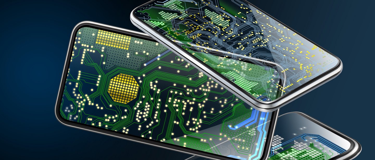 Three smartphones with transparent screens showing internal electronic circuits, highlighting the embedded nature of the eSIM
