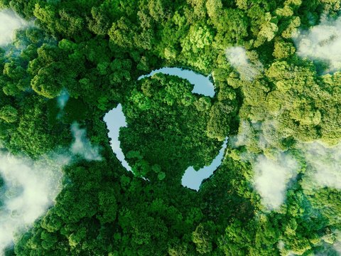 Three ponds arranged as arrows, amidst green trees, form the recycling symbol