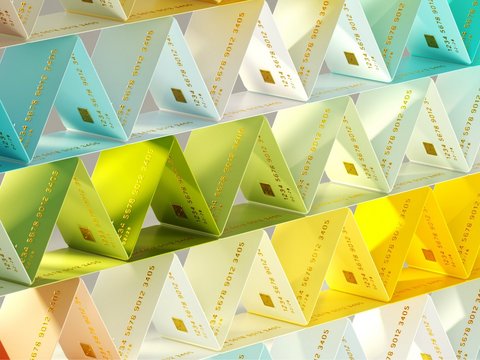 Multicolored credit cards organized into triangular pattern representing personalized card issuance
