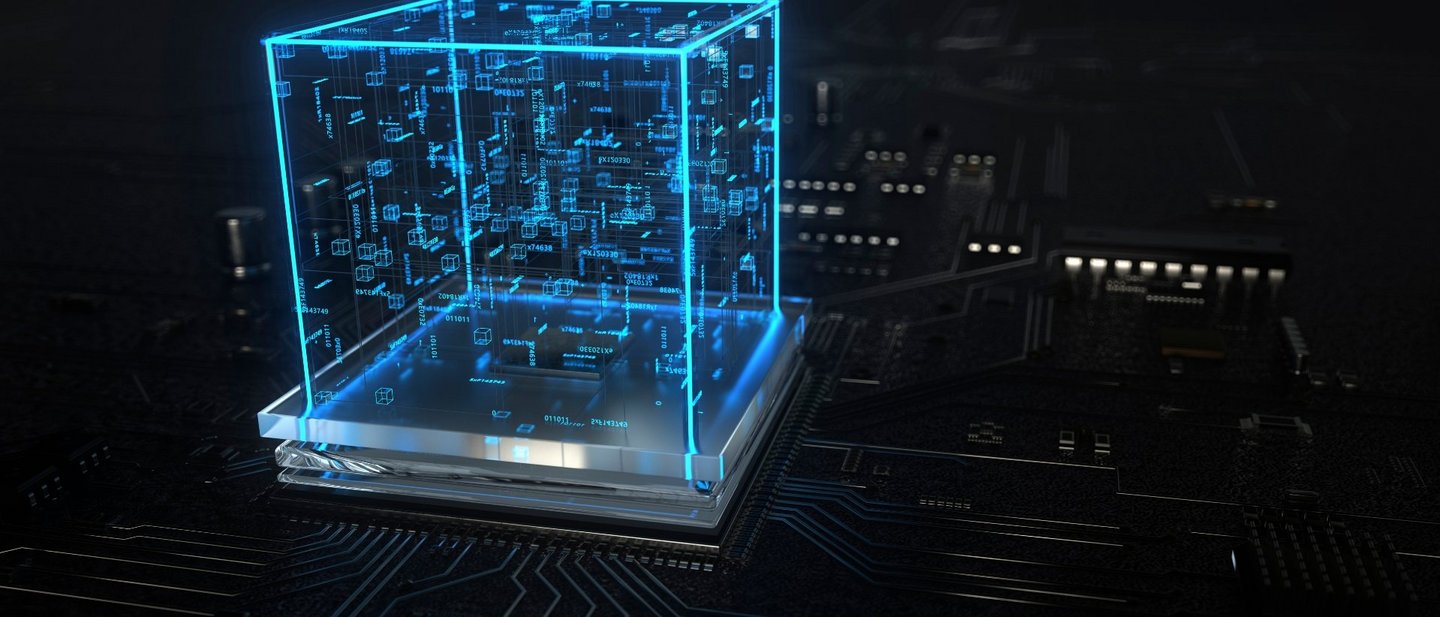 Three dimensional render of blue cube glowing on top of circuit board representing big data and IoT