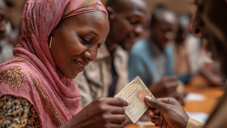 A woman in a headscarf receives an official document during a registration process.