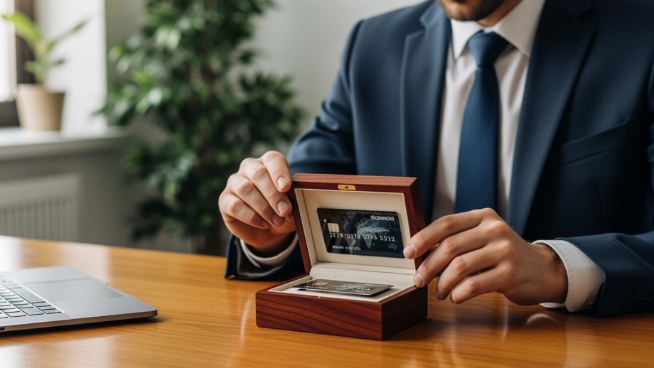 Businessman displaying a credit card in a box