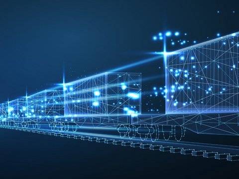 Digital wireframe model of a train with light points