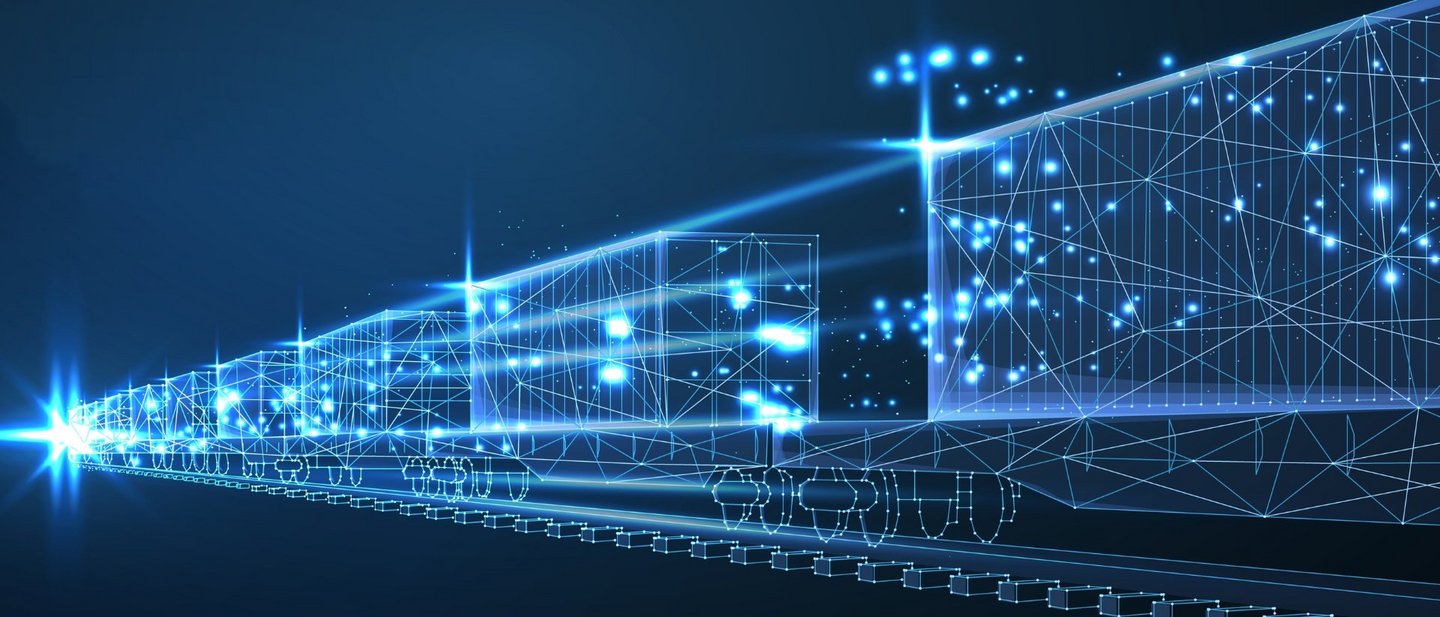 Digital wireframe model of a train with light points