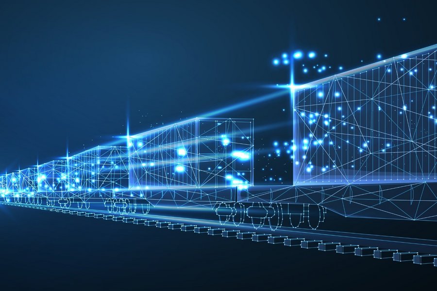 Digital wireframe model of a train with light points