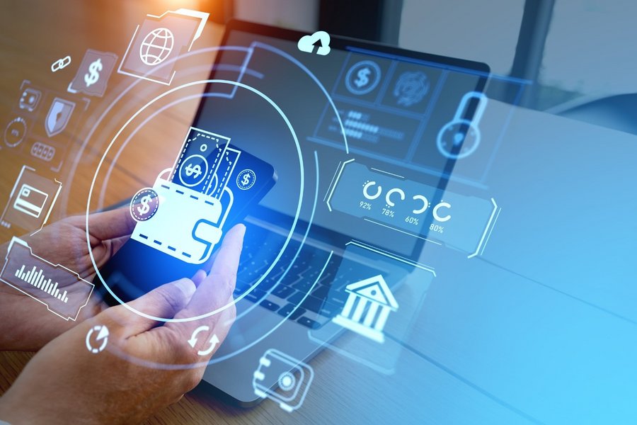 ALT TEXT (accurately describing the image 75-100 ch., include main keyword) 97 Z.	Geräteanzeige mit digitalen Geldbörsensymbolen steht für Finanzen, E-Commerce und Mobile Banking.