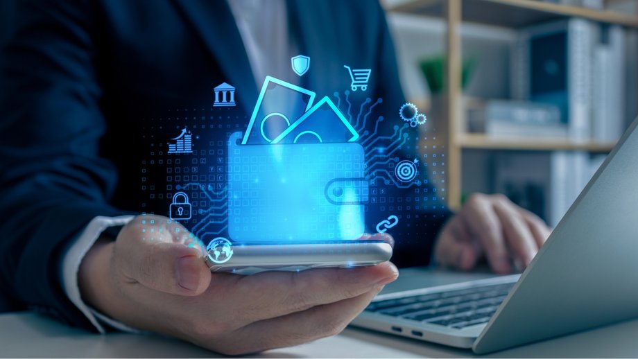 Digital wallet with icons on smartphone, symbolizing control over digital assets and finances.