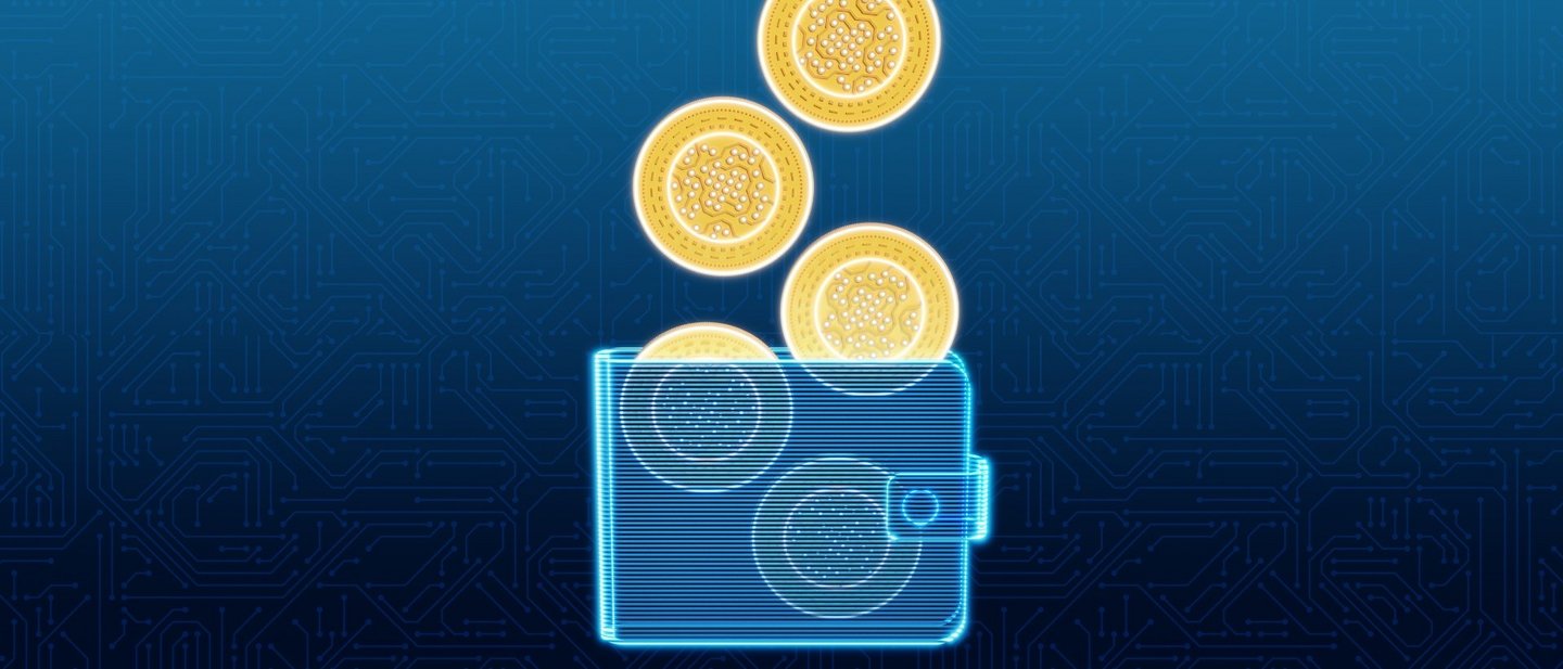 Transferring crypto coins into a digital wallet, futuristic finance meets secure virtual storage.