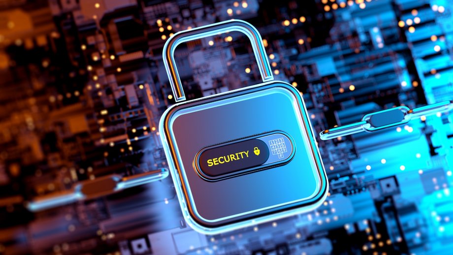 Digital padlock symbolizes cybersecurity and data protection on electronic circuit background.