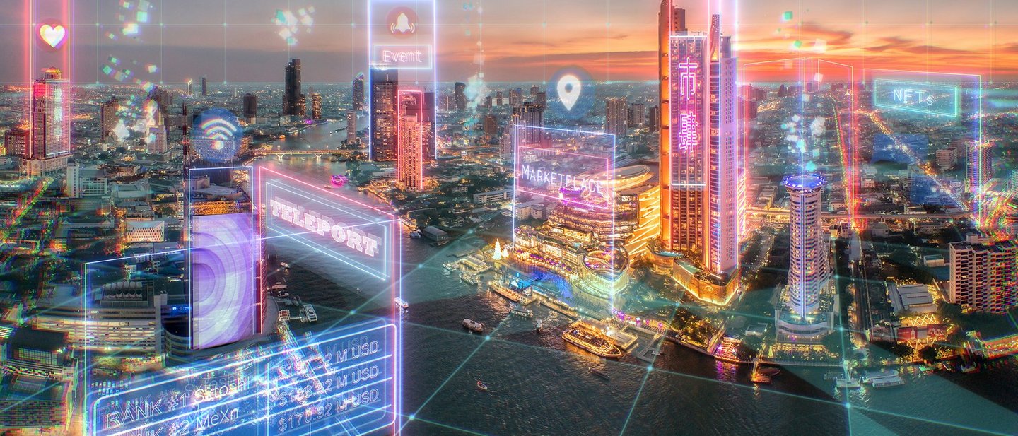 Smart city skyline with visualized iot connections