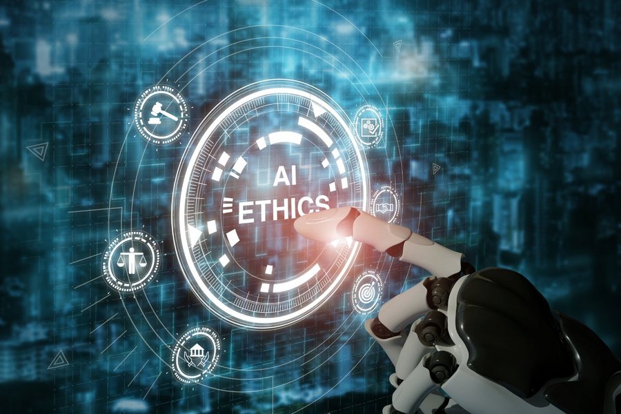 Robotic hand touches interface with AI and ethics on it, standing for machine learning algorithms