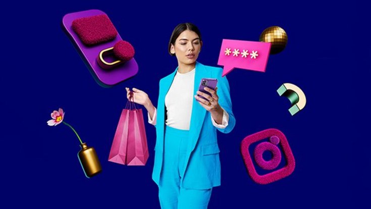 Illustration: three modern looking people with credit card and smartphones