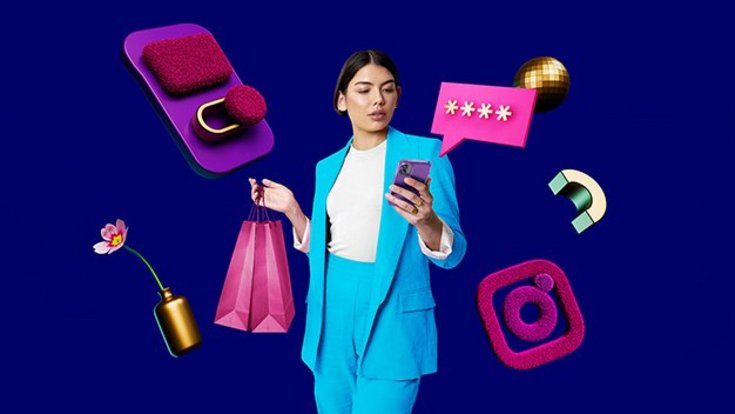 Illustration: three modern looking people with credit card and smartphones