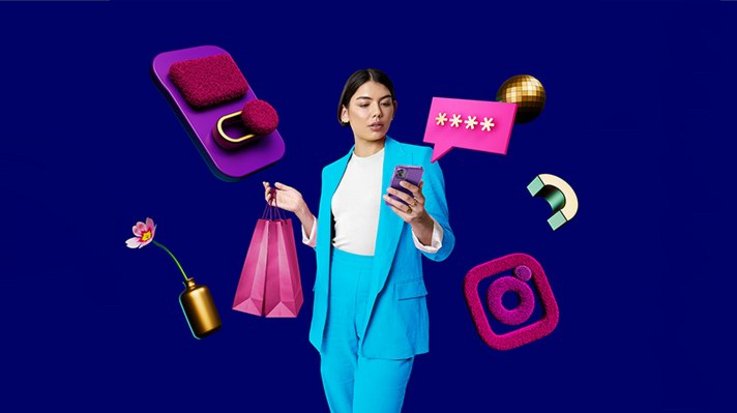 Illustration: three modern looking people with credit card and smartphones