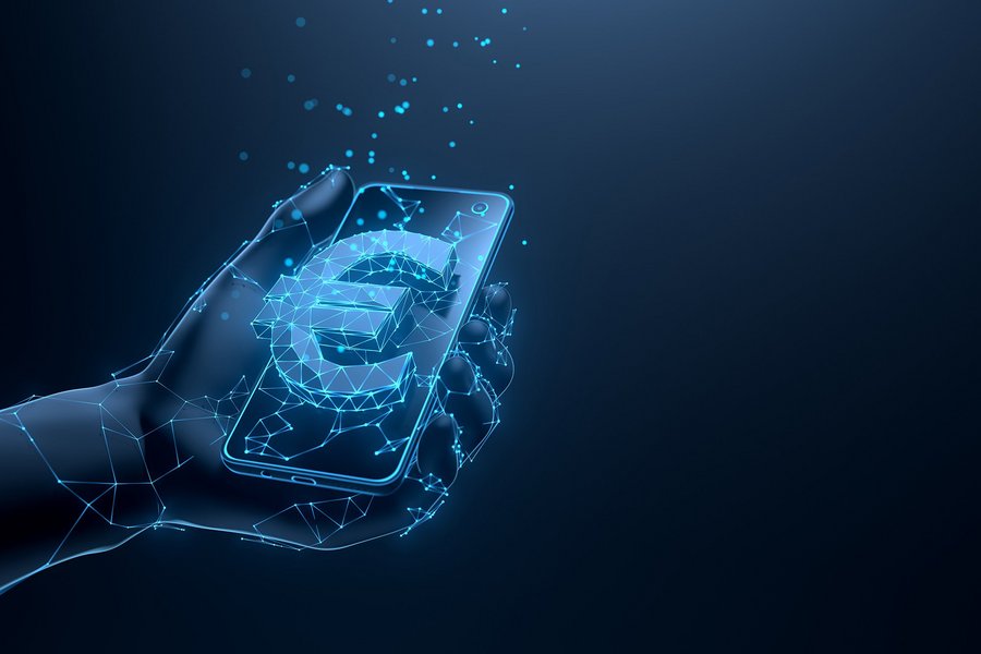 Digital illustration of a hand holding a smartphone with a large euro sign