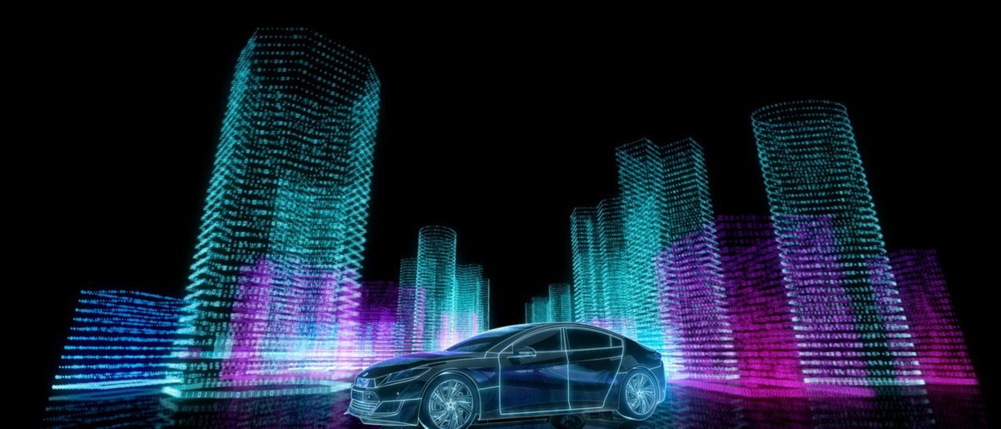 Electric car standing in front of digital city built of binary code stands for always-on connectivity in IoT cars.