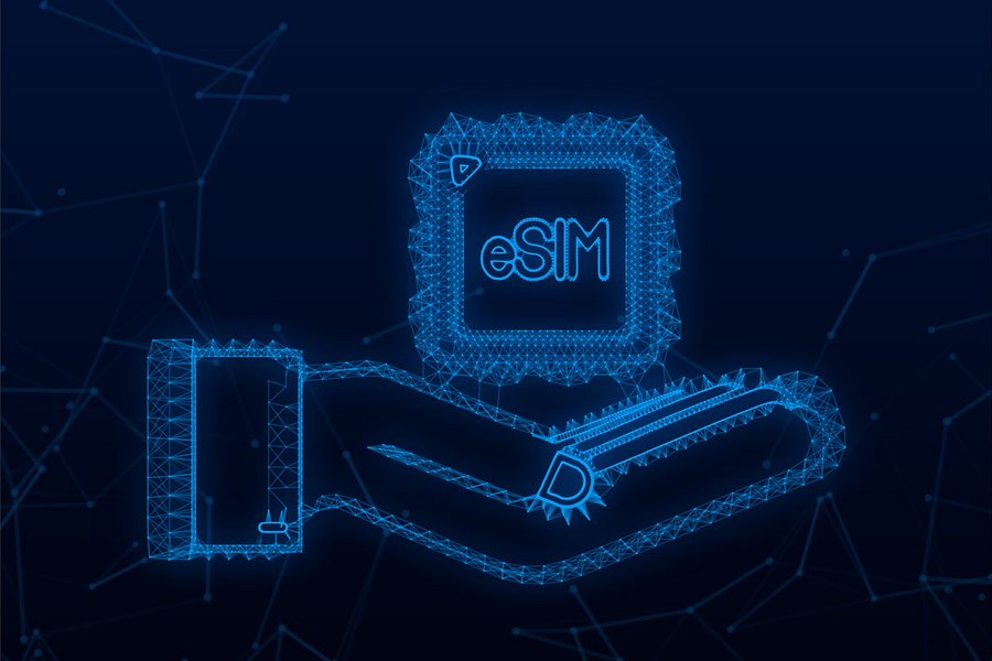 Illustration of a hand with an eSIM card