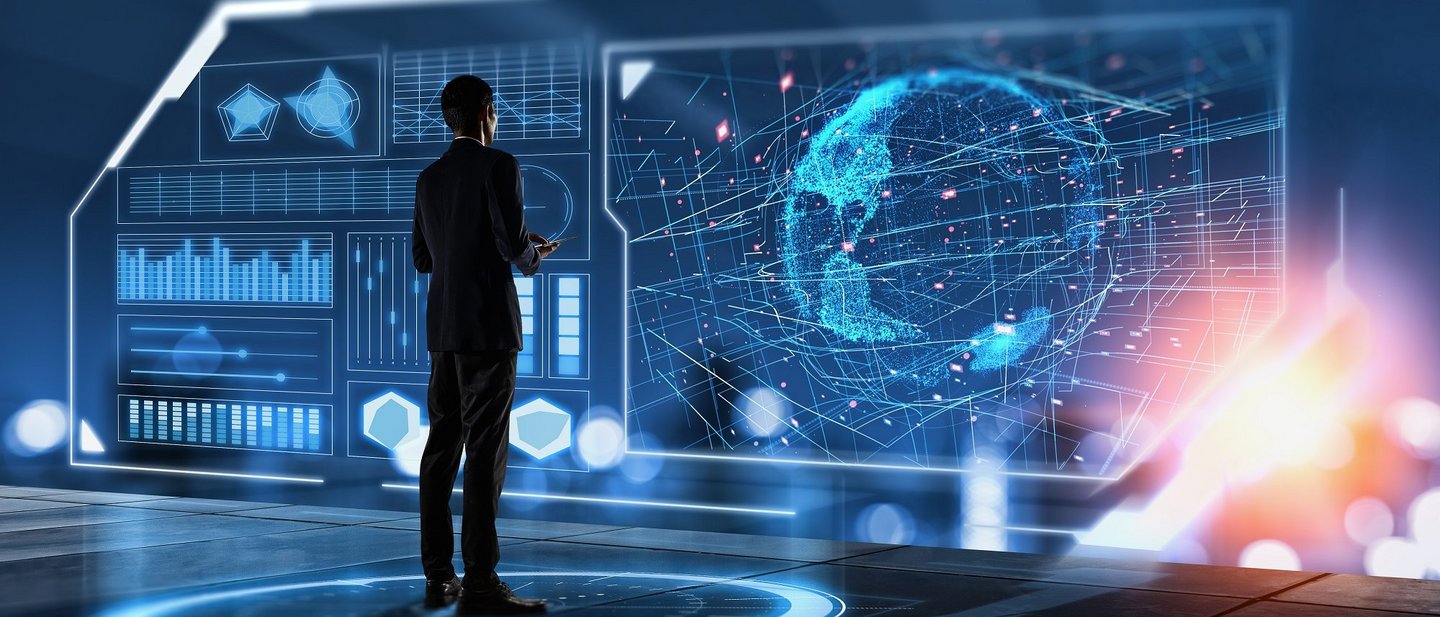 Businessman searching for big data. Digital transformation concept. Innovative and high technology of business. 