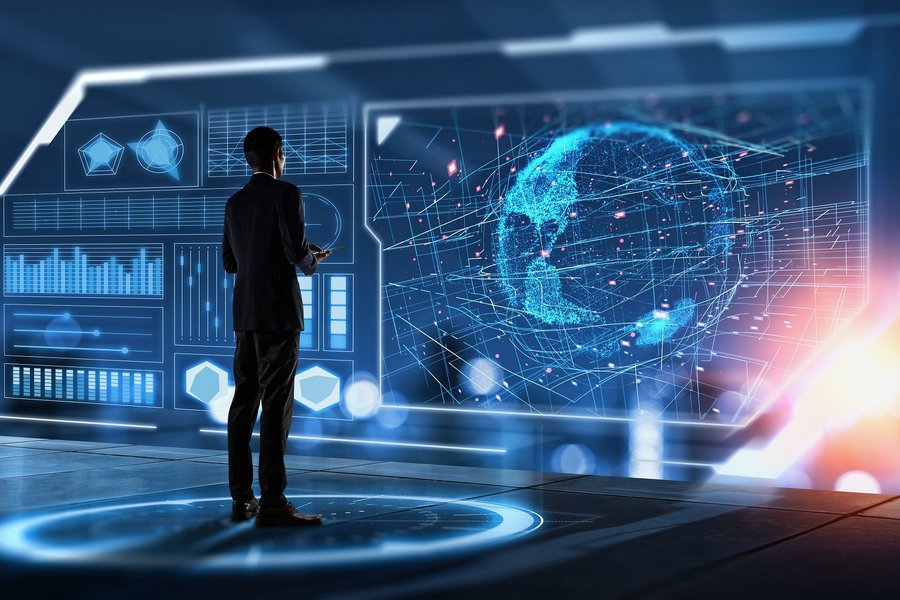 Businessman searching for big data. Digital transformation concept. Innovative and high technology of business. 