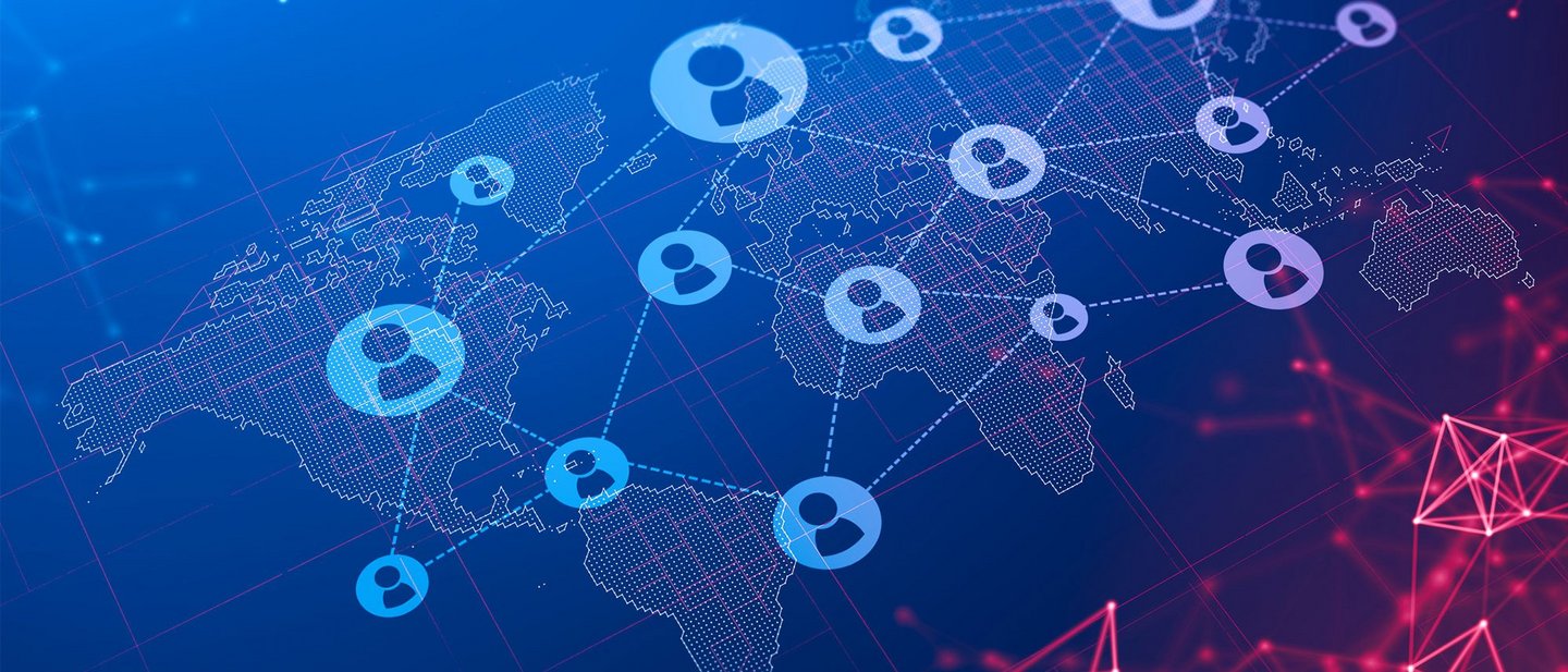 Abstract background with social network connection hologram on world map. Concept of HR and social media globalization. 3D rendering symbolizes payment outsourcing.