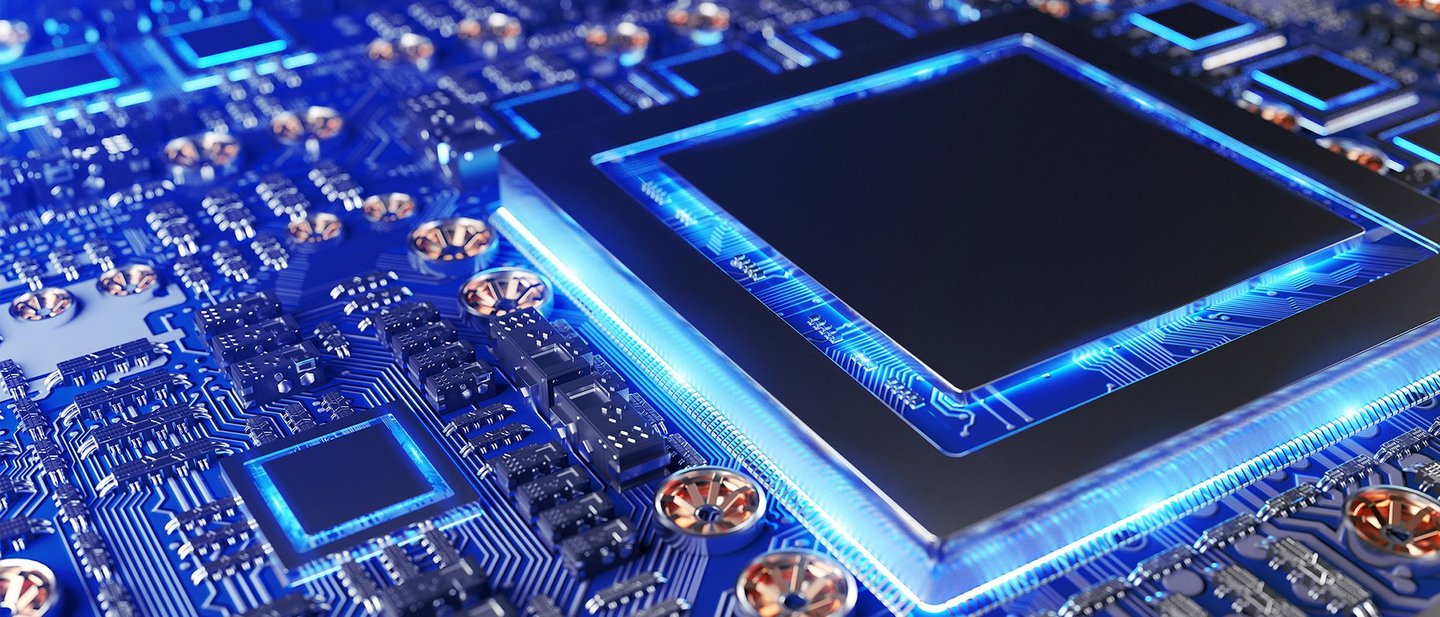 Close-up view of a modern GPU card with circuit and colorful lights and details