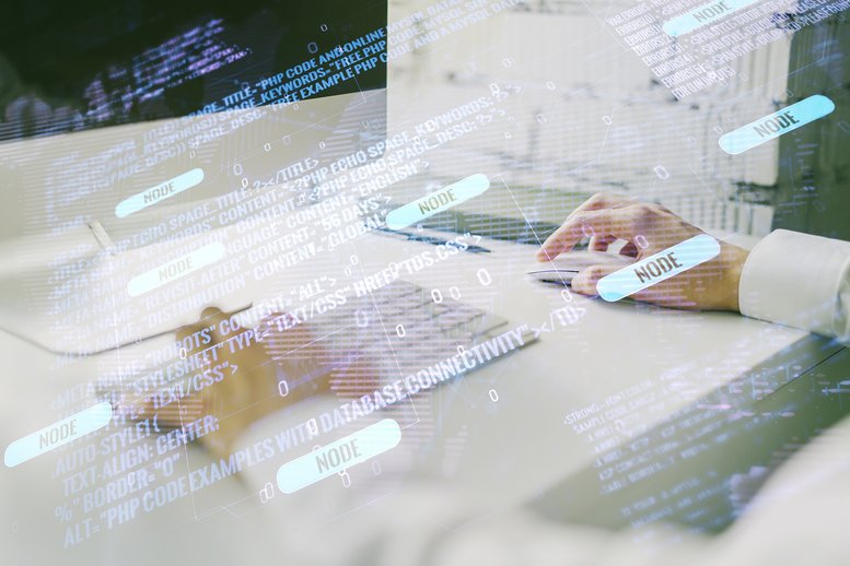 Double exposure of abstract programming language hologram with world map and hands typing on laptop on background, research and development concept