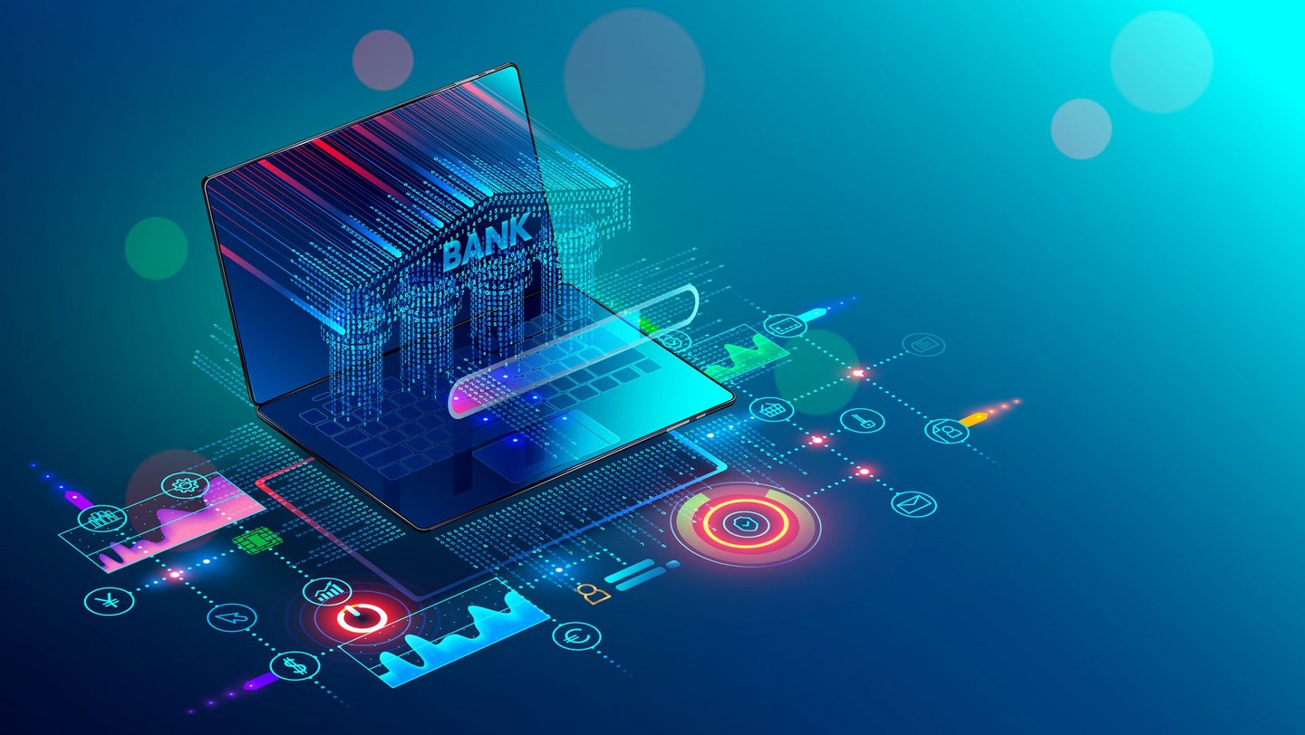 A bank building with columns consisting of a digital matrix in a 3D banner symbolizes outsourcing payment services.