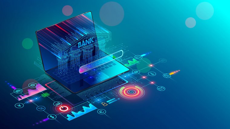 A bank building with columns consisting of a digital matrix in a 3D banner symbolizes outsourcing payment services.