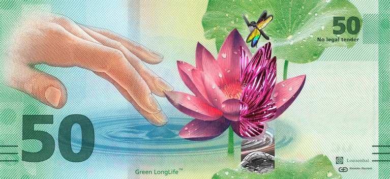 Picture of a green banknote with image of a hand touching a pink lotus flower on it
