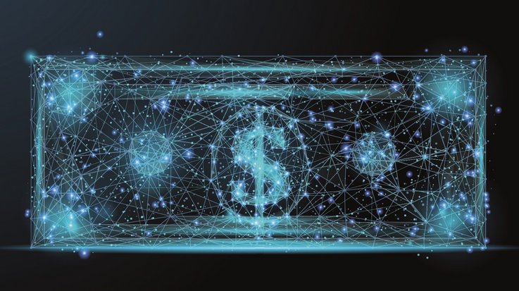 A banknote stylized from a network of digital dots and lines